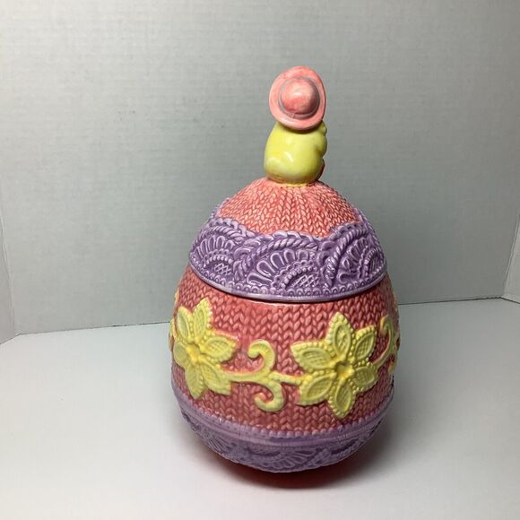 Egg Shaped Embossed Ceramic Jar with Chick on Top 10.5" x 6" - Picture 2 of 6
